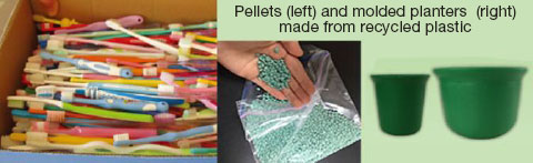 Pellets and molded planters made from recycled plastic