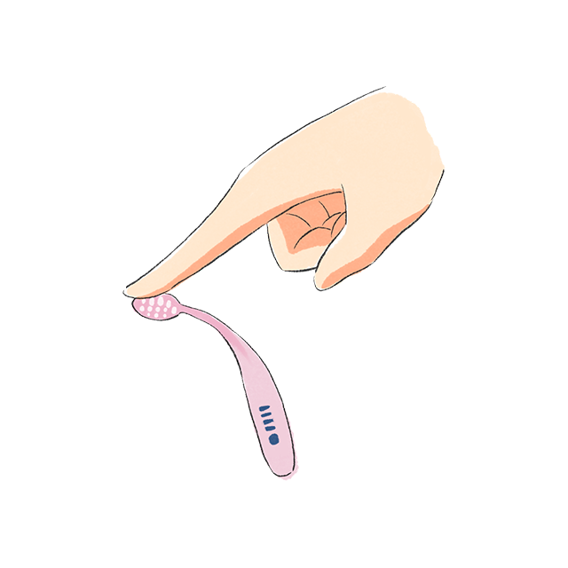 イラスト：ハブラシに横方向の力が加わり、ネック部分が曲がって衝撃を逃している様子