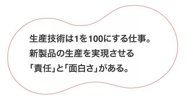 生産技術は1を100にする仕事。新製品の生産を実現させる「責任」と「面白さ」がある。