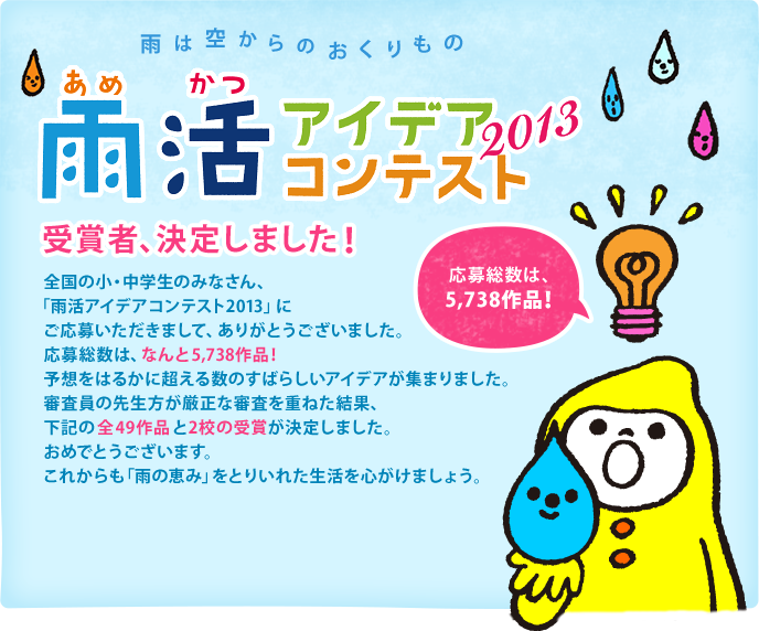 全国の小・中学生のみなさん、「雨活アイデアコンテスト2013」にご応募いただきまして、ありがとうございました。応募総数は、なんと5,738作品！予想をはるかに超える数のすばらしいアイデアが集まりました。審査員の先生方が厳正な審査を重ねた結果、下記の全49作品と2校の受賞が決定しました。おめでとうございます。これからも「雨の恵み」をとりいれた生活を心がけましょう。